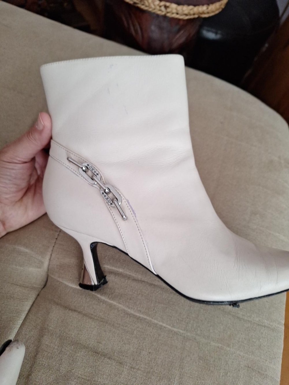 Louis Vuitton Cream Leather Heeled Ankle Boots with Silver-Tone Buckle